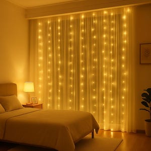 LED Curtain String Lights 300 LEDs, 8 Modes USB Powered Fairy Lights for Bedroom, Wedding, Christmas, Party, Home Decor 9.8x9.8ft Warm White