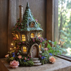 Handcrafted Fairy House Table Lamp Lighted Dreamy Sculpture Enchanted Fairy House Night Light Magical Garden Cottage Decor Whimsical Fairy